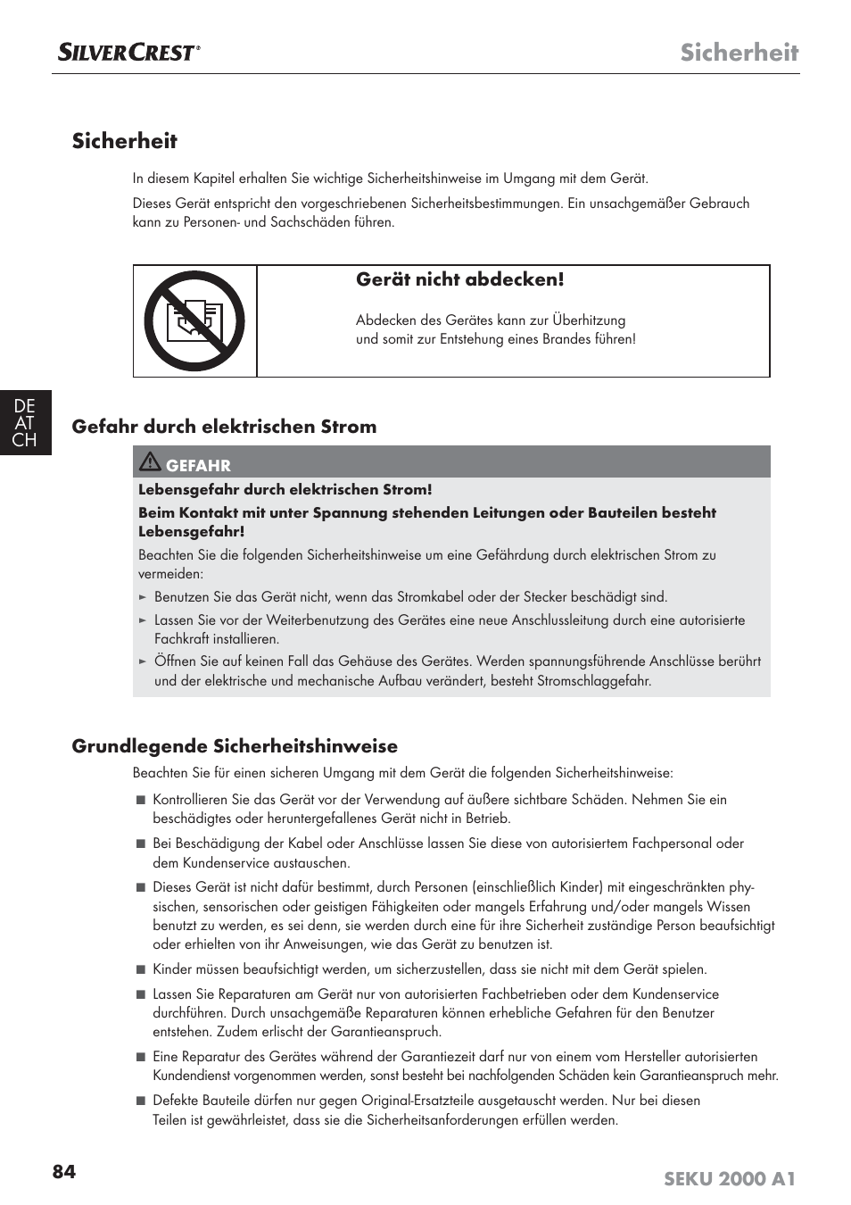 Sicherheit, Gerät nicht abdecken, Gefahr durch elektrischen strom | Grundlegende sicherheitshinweise | Silvercrest SEKU 2000 A1 User Manual | Page 85 / 101