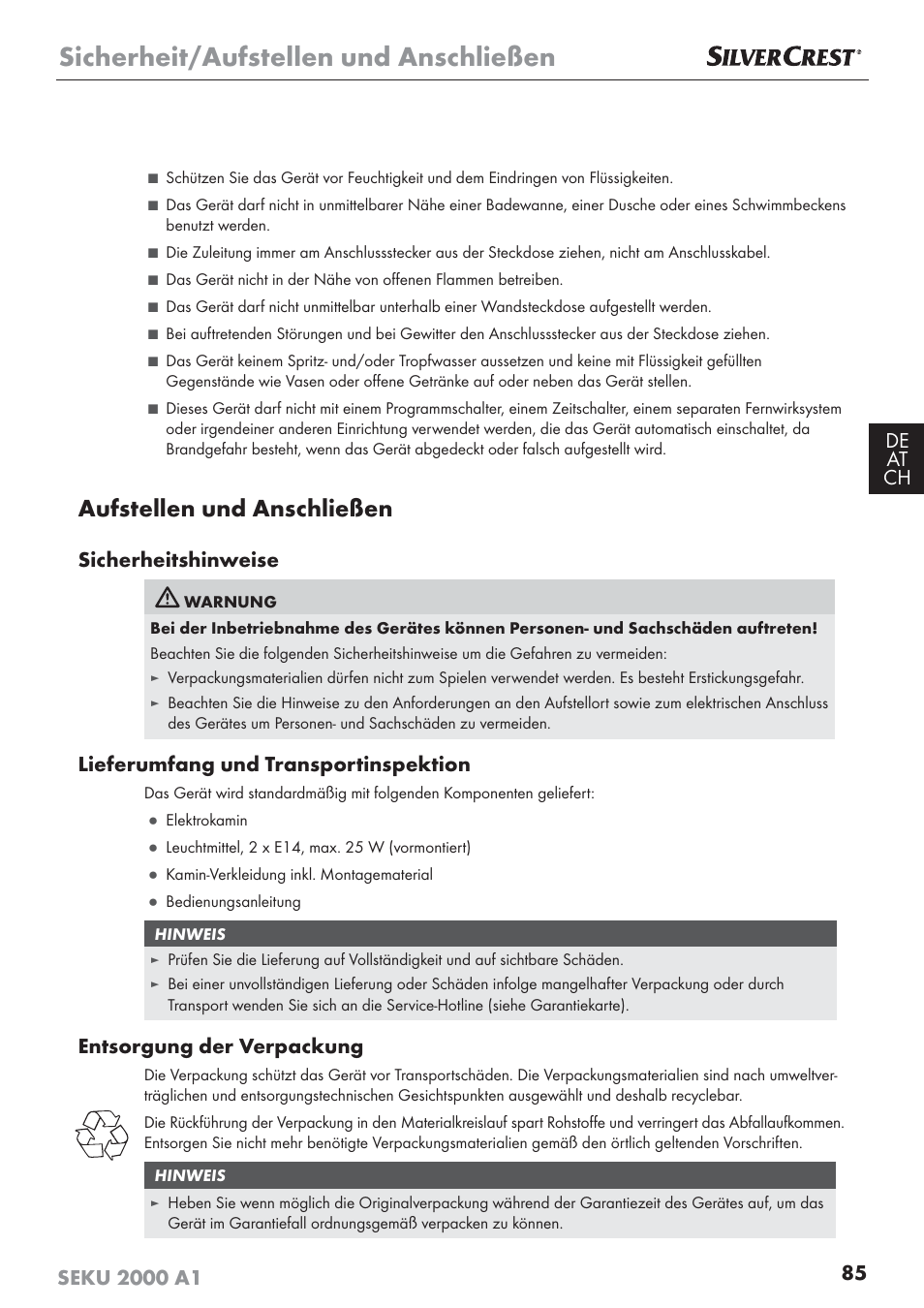 Sicherheit/aufstellen und anschließen, Aufstellen und anschließen, Sicherheitshinweise | Lieferumfang und transportinspektion, Entsorgung der verpackung | Silvercrest SEKU 2000 A1 User Manual | Page 86 / 101