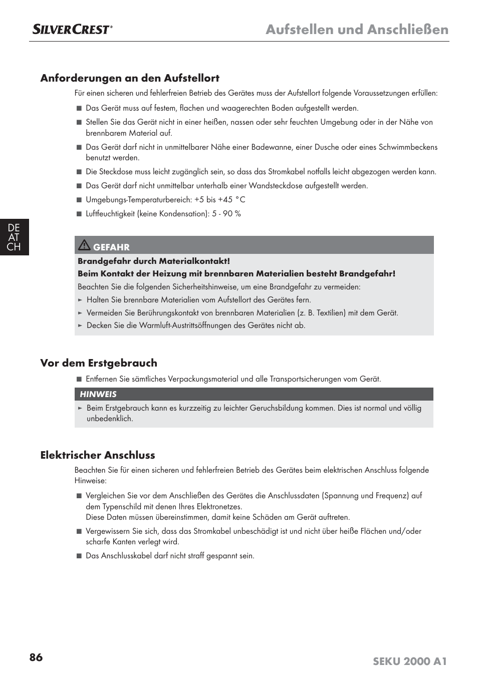 Aufstellen und anschließen, Vor dem erstgebrauch, Elektrischer anschluss | Silvercrest SEKU 2000 A1 User Manual | Page 87 / 101