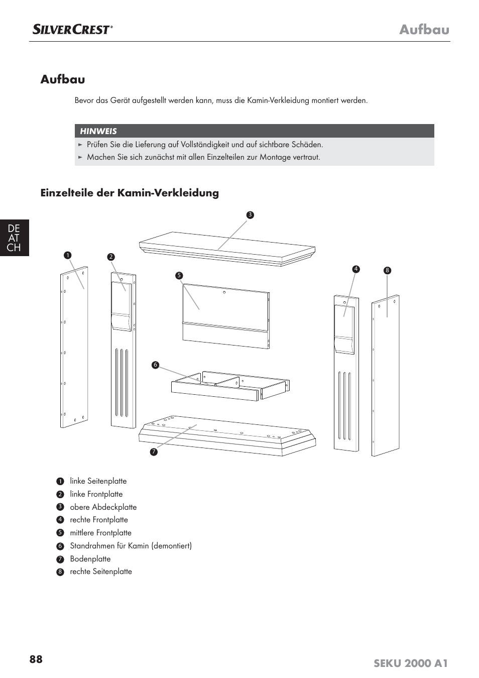 Aufbau, Einzelteile der kamin-verkleidung | Silvercrest SEKU 2000 A1 User Manual | Page 89 / 101