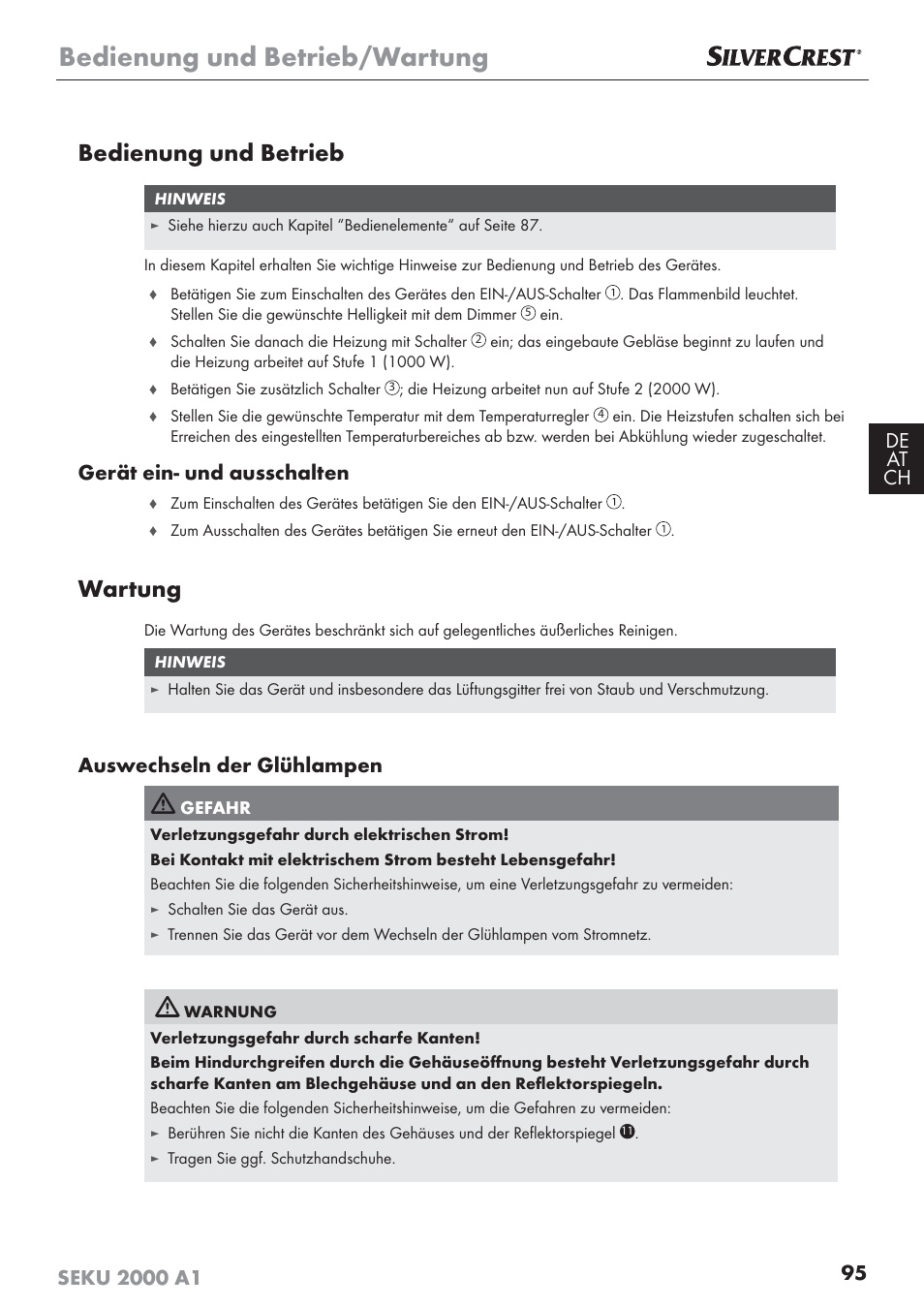 Bedienung und betrieb/wartung, Bedienung und betrieb, Wartung | Gerät ein- und ausschalten, Auswechseln der glühlampen | Silvercrest SEKU 2000 A1 User Manual | Page 96 / 101