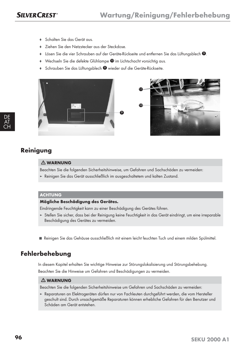 Wartung/reinigung/fehlerbehebung, Reinigung, Fehlerbehebung | Silvercrest SEKU 2000 A1 User Manual | Page 97 / 101