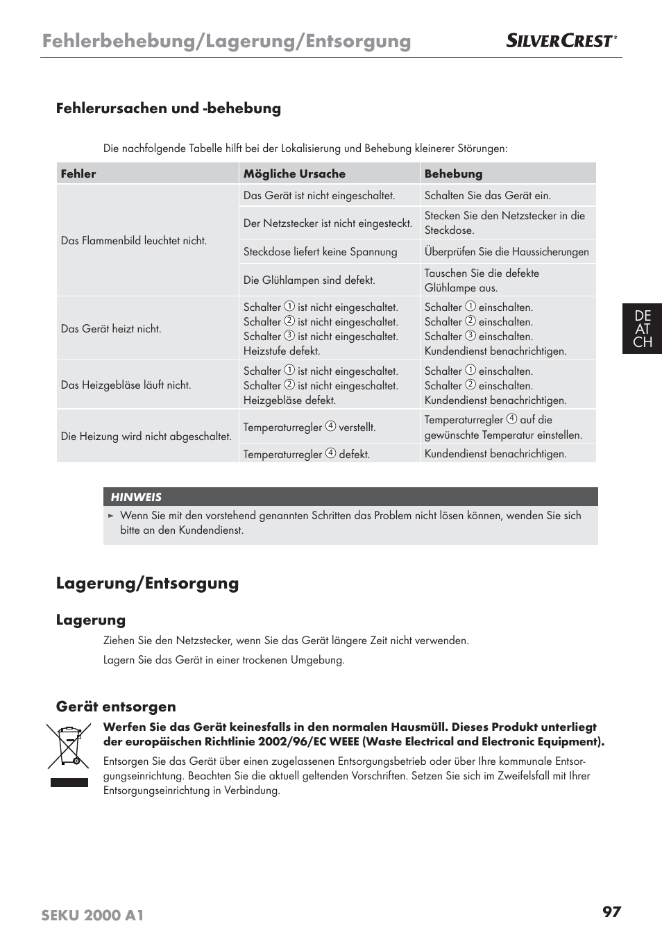 Fehlerbehebung/lagerung/entsorgung, Lagerung/entsorgung, Lagerung | Gerät entsorgen | Silvercrest SEKU 2000 A1 User Manual | Page 98 / 101