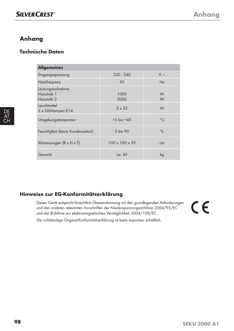 Anhang, Technische daten, Hinweise zur eg-konformitätserklärung | Silvercrest SEKU 2000 A1 User Manual | Page 99 / 101