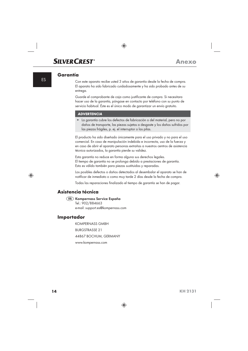 Anexo, Garantía, Asistencia técnica | Importador | Silvercrest KH 2131 User Manual | Page 16 / 72