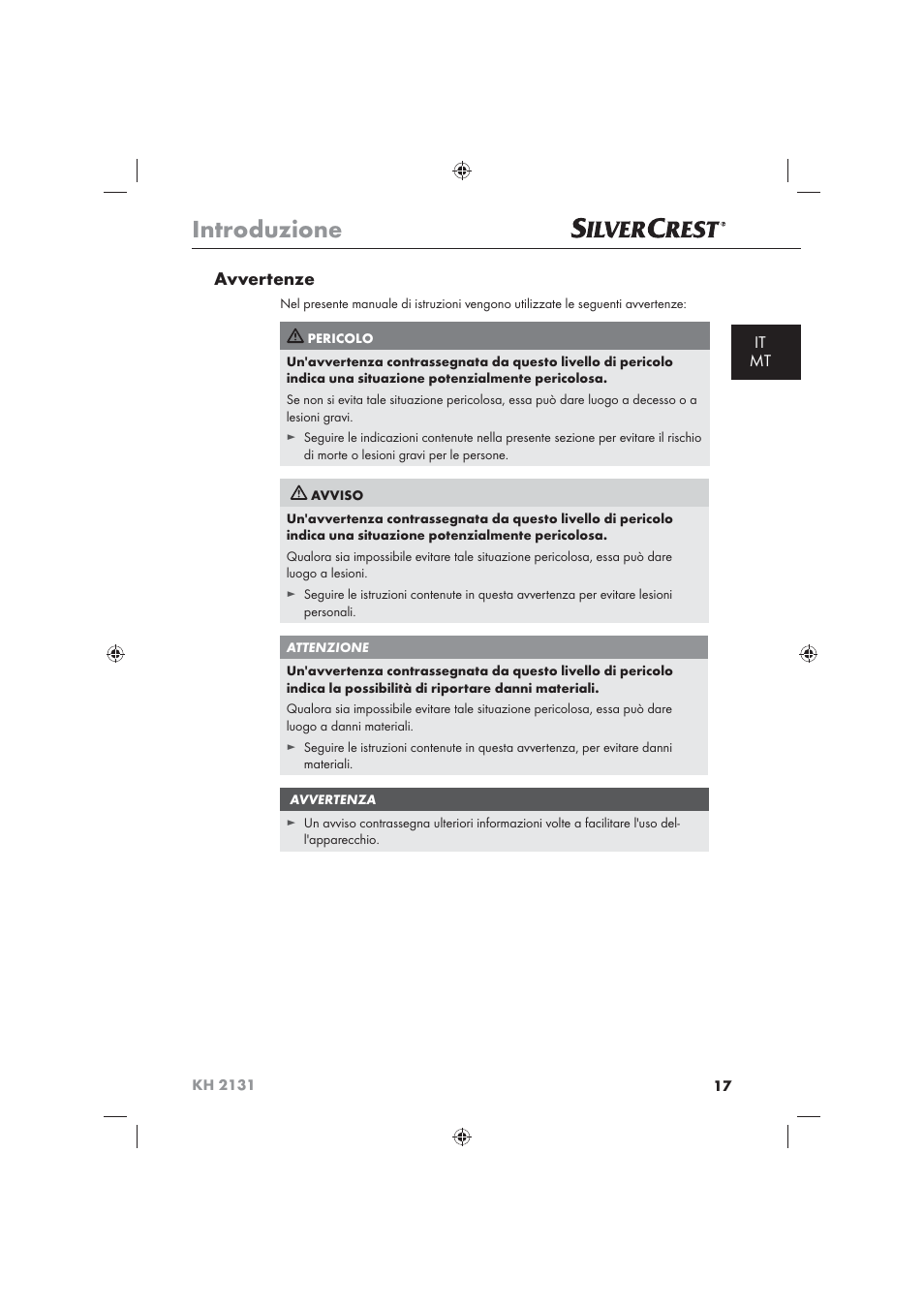 Introduzione, Avvertenze, It mt | Silvercrest KH 2131 User Manual | Page 19 / 72
