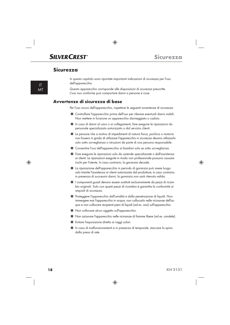 Sicurezza, Avvertenze di sicurezza di base, It mt | Silvercrest KH 2131 User Manual | Page 20 / 72