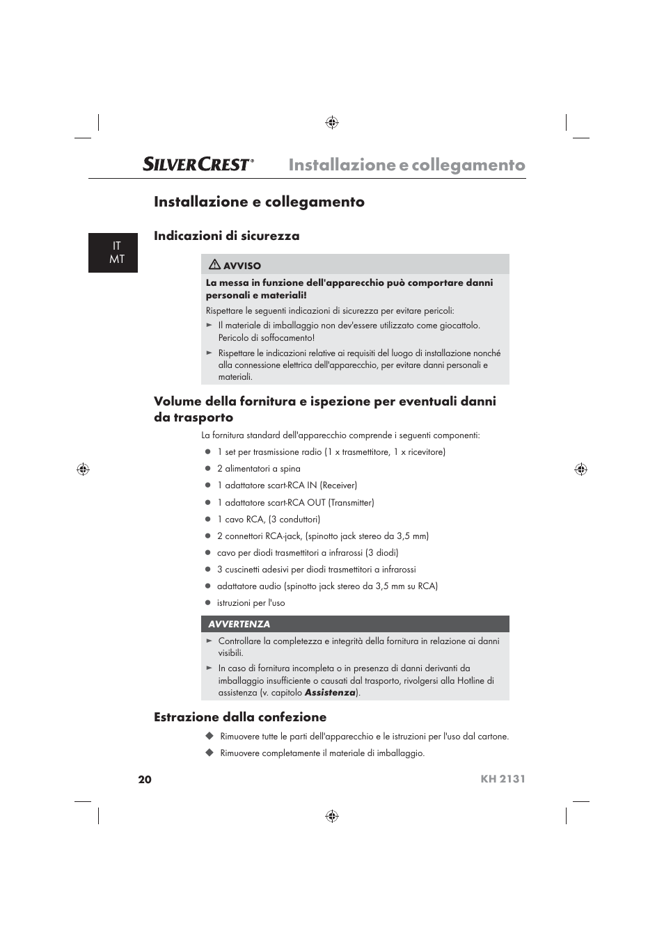 Installazione e collegamento, Indicazioni di sicurezza, Estrazione dalla confezione | It mt | Silvercrest KH 2131 User Manual | Page 22 / 72