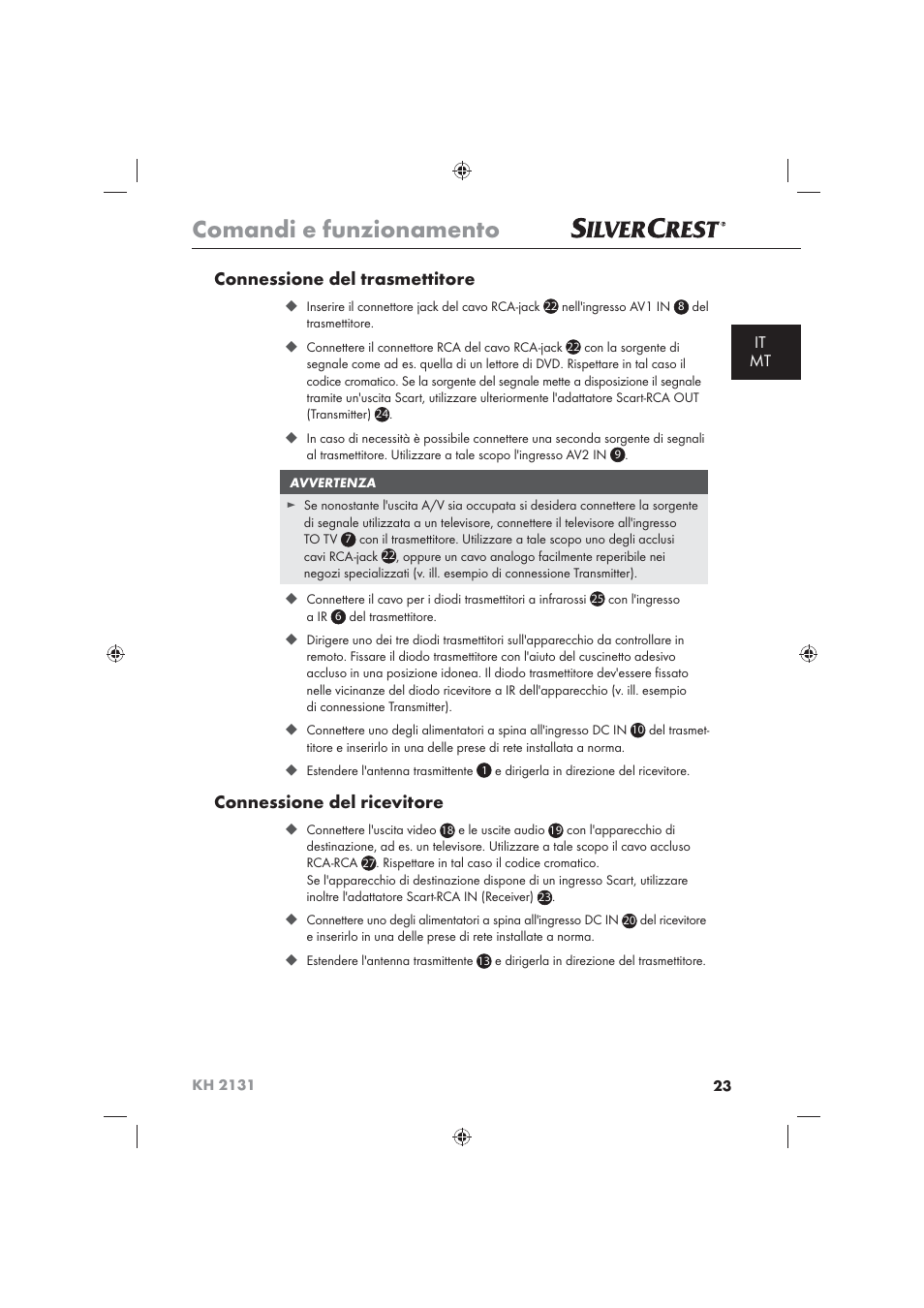 Comandi e funzionamento, Connessione del trasmettitore, Connessione del ricevitore | It mt | Silvercrest KH 2131 User Manual | Page 25 / 72