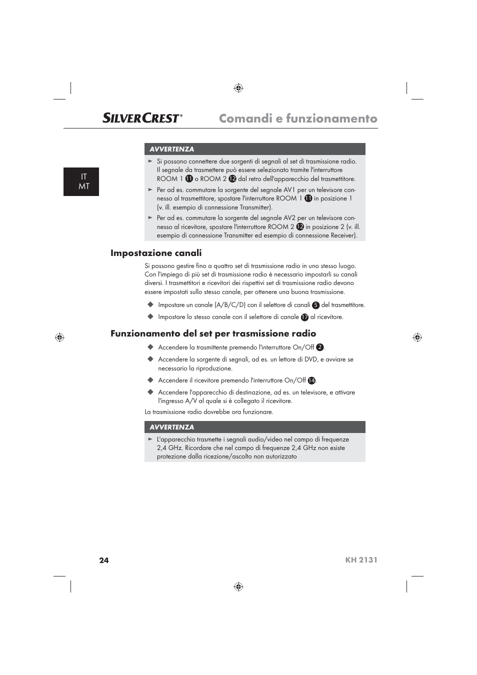 Comandi e funzionamento, Impostazione canali, Funzionamento del set per trasmissione radio | It mt | Silvercrest KH 2131 User Manual | Page 26 / 72