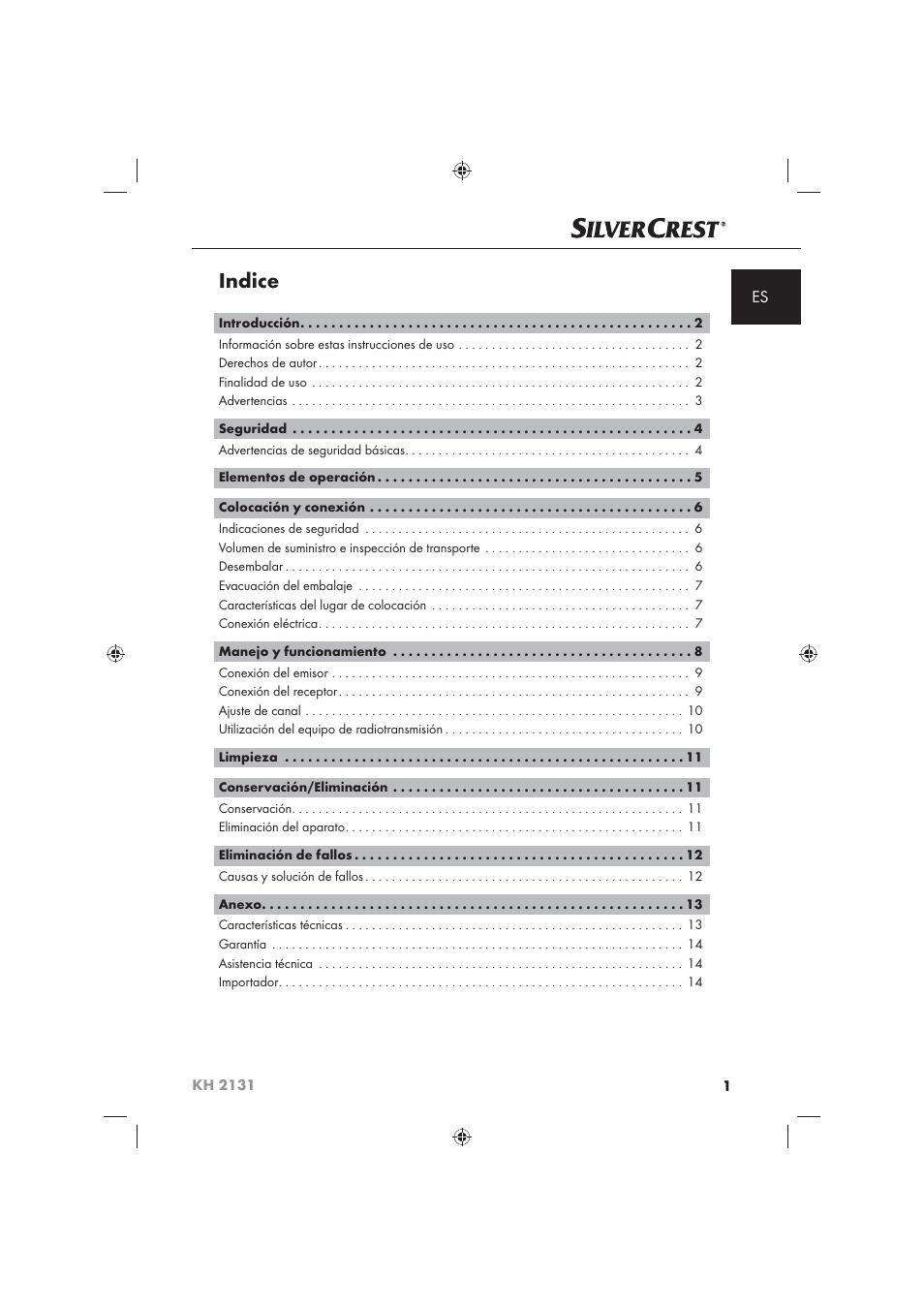 Indice | Silvercrest KH 2131 User Manual | Page 3 / 72