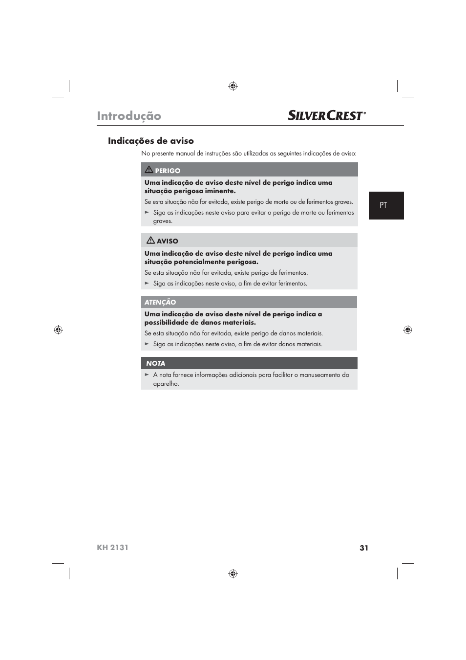 Introdução, Indicações de aviso | Silvercrest KH 2131 User Manual | Page 33 / 72