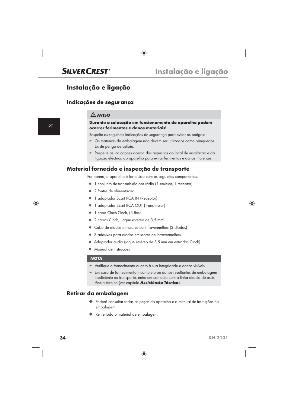 Instalação e ligação, Indicações de segurança, Material fornecido e inspecção de transporte | Retirar da embalagem | Silvercrest KH 2131 User Manual | Page 36 / 72