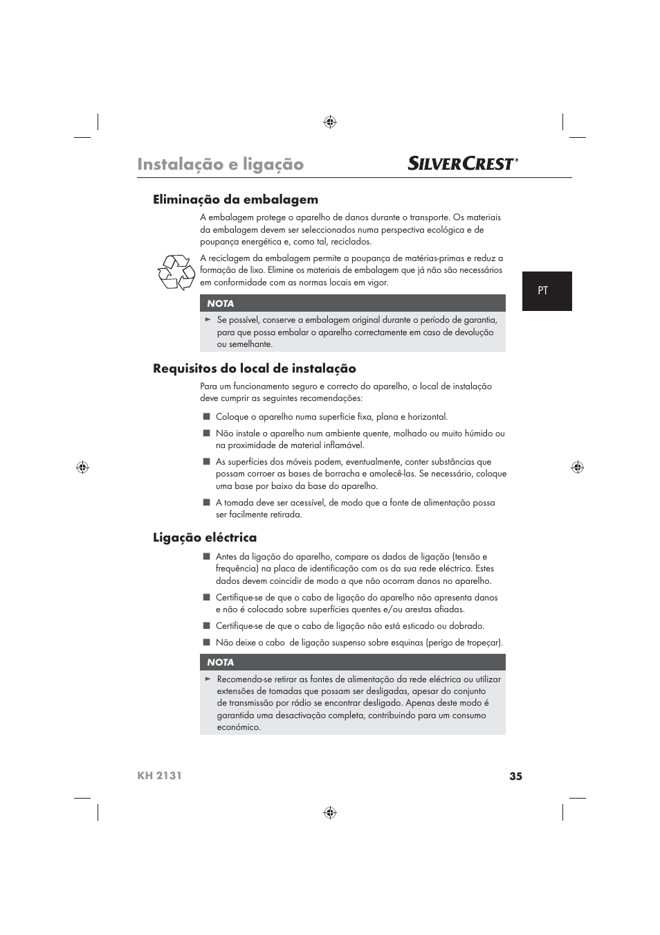Instalação e ligação, Eliminação da embalagem, Requisitos do local de instalação | Ligação eléctrica | Silvercrest KH 2131 User Manual | Page 37 / 72