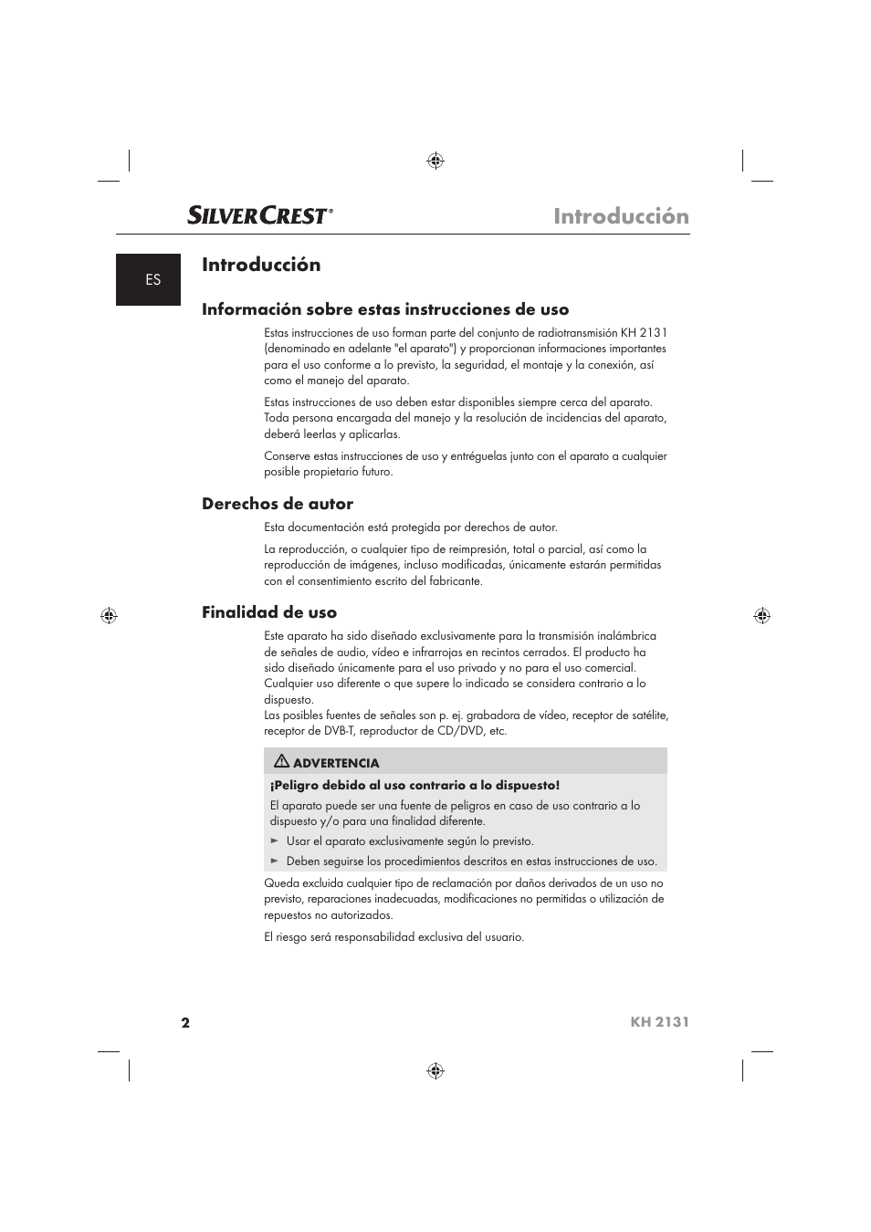 Introducción, Información sobre estas instrucciones de uso, Derechos de autor | Finalidad de uso | Silvercrest KH 2131 User Manual | Page 4 / 72