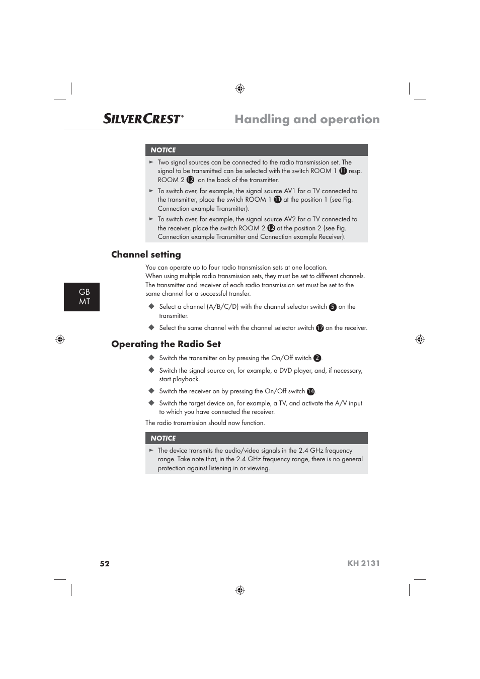 Handling and operation, Channel setting, Operating the radio set | Gb mt | Silvercrest KH 2131 User Manual | Page 54 / 72