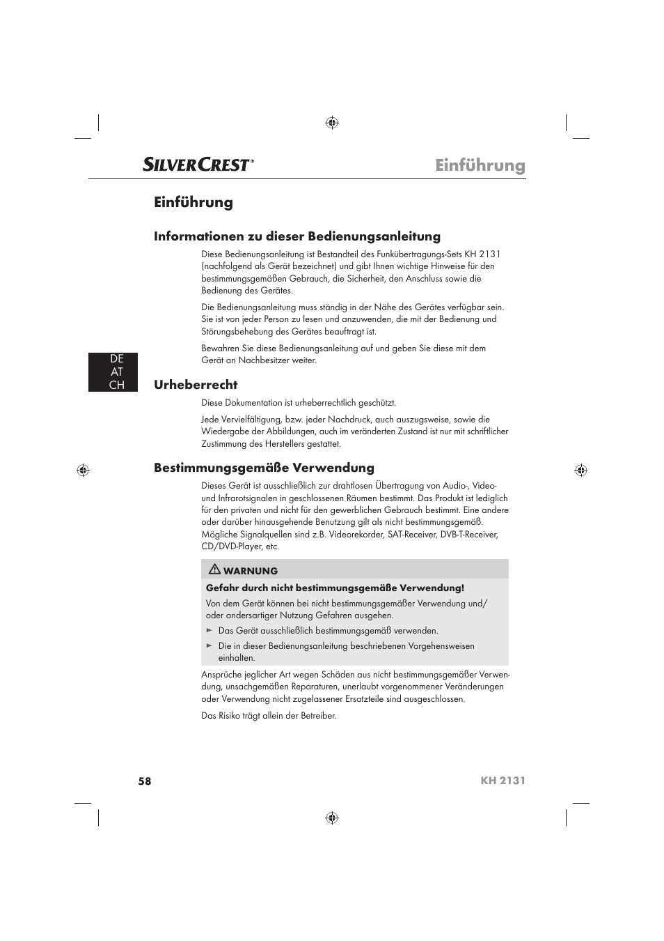 Einführung, Informationen zu dieser bedienungsanleitung, Urheberrecht | Bestimmungsgemäße verwendung, De at ch | Silvercrest KH 2131 User Manual | Page 60 / 72