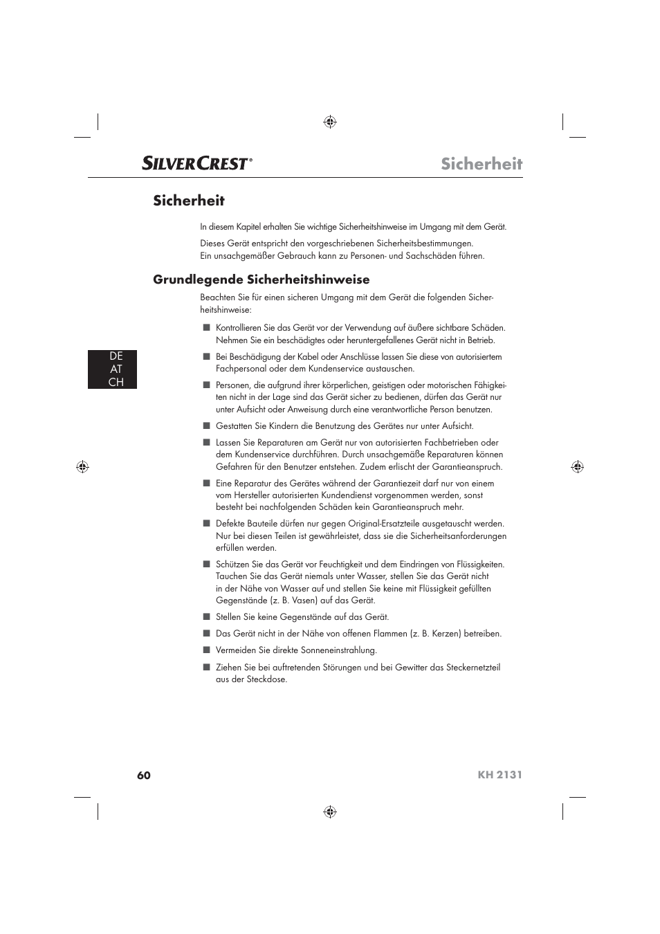 Sicherheit, Grundlegende sicherheitshinweise, De at ch | Silvercrest KH 2131 User Manual | Page 62 / 72