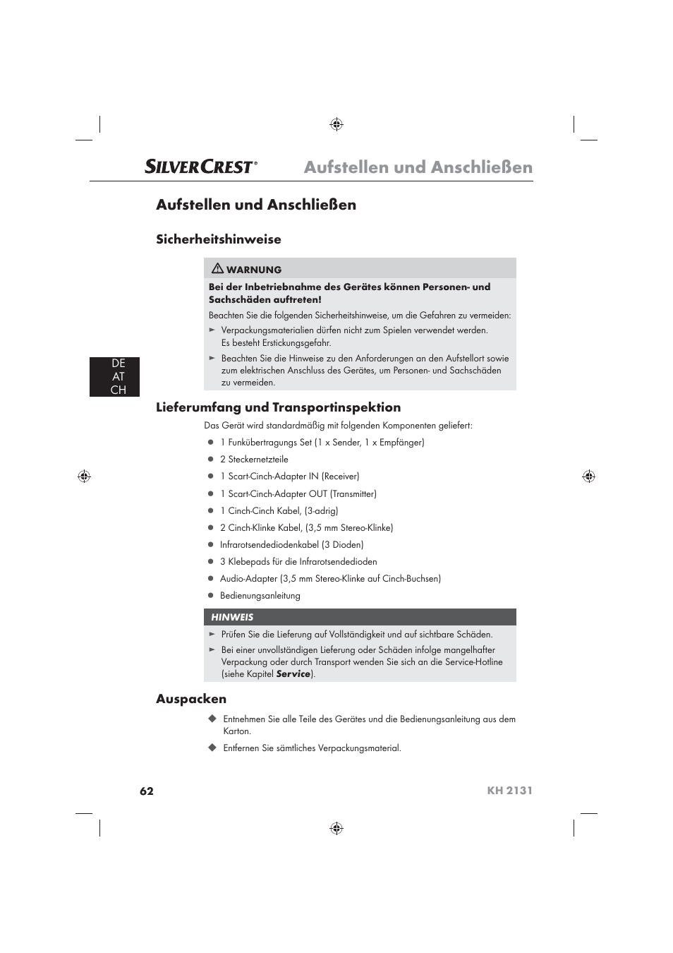 Aufstellen und anschließen, Sicherheitshinweise, Lieferumfang und transportinspektion | Auspacken, De at ch | Silvercrest KH 2131 User Manual | Page 64 / 72