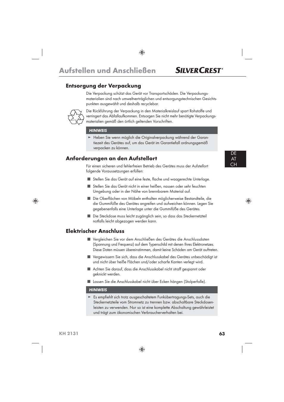 Aufstellen und anschließen, Entsorgung der verpackung, Anforderungen an den aufstellort | Elektrischer anschluss, De at ch | Silvercrest KH 2131 User Manual | Page 65 / 72