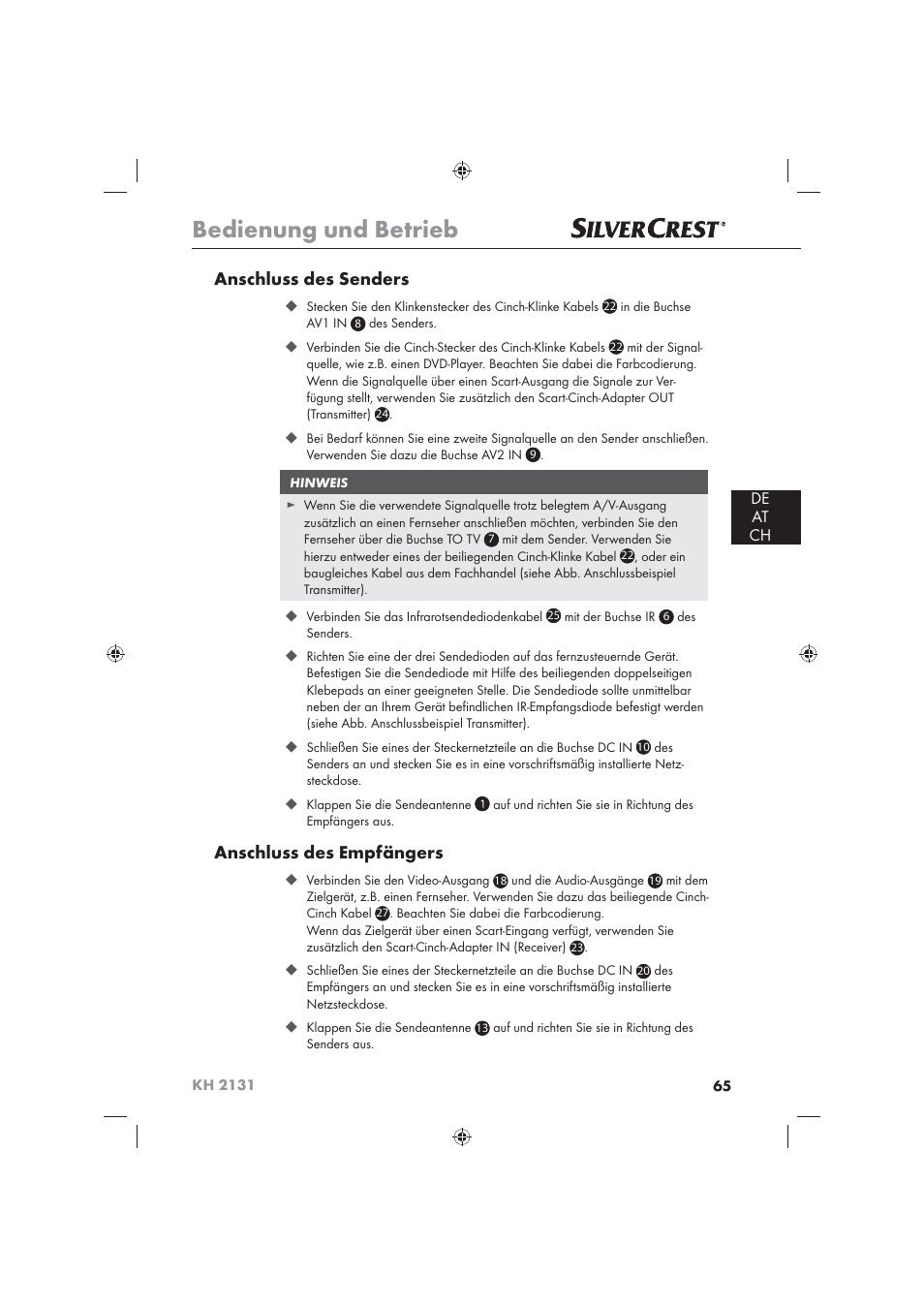 Bedienung und betrieb, Anschluss des senders, Anschluss des empfängers | De at ch | Silvercrest KH 2131 User Manual | Page 67 / 72