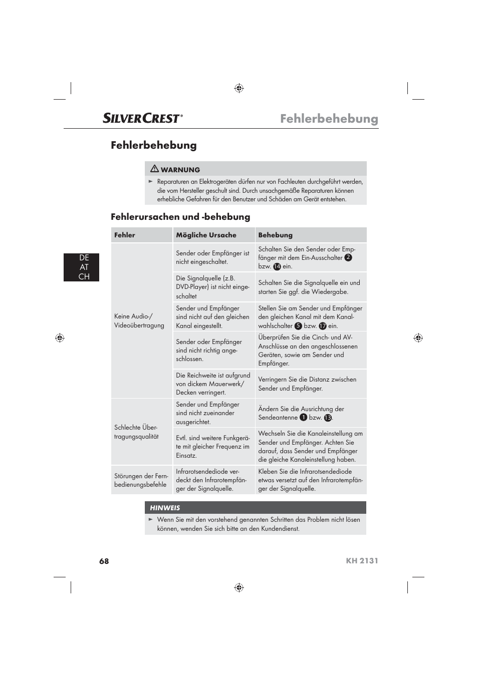 Fehlerbehebung, Fehlerursachen und -behebung, De at ch | Silvercrest KH 2131 User Manual | Page 70 / 72