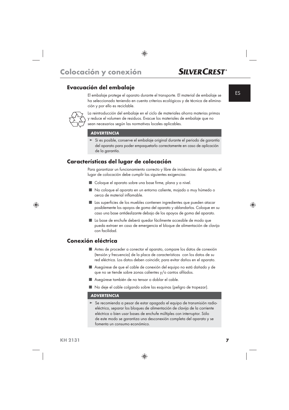 Colocación y conexión, Evacuación del embalaje, Características del lugar de colocación | Conexión eléctrica | Silvercrest KH 2131 User Manual | Page 9 / 72