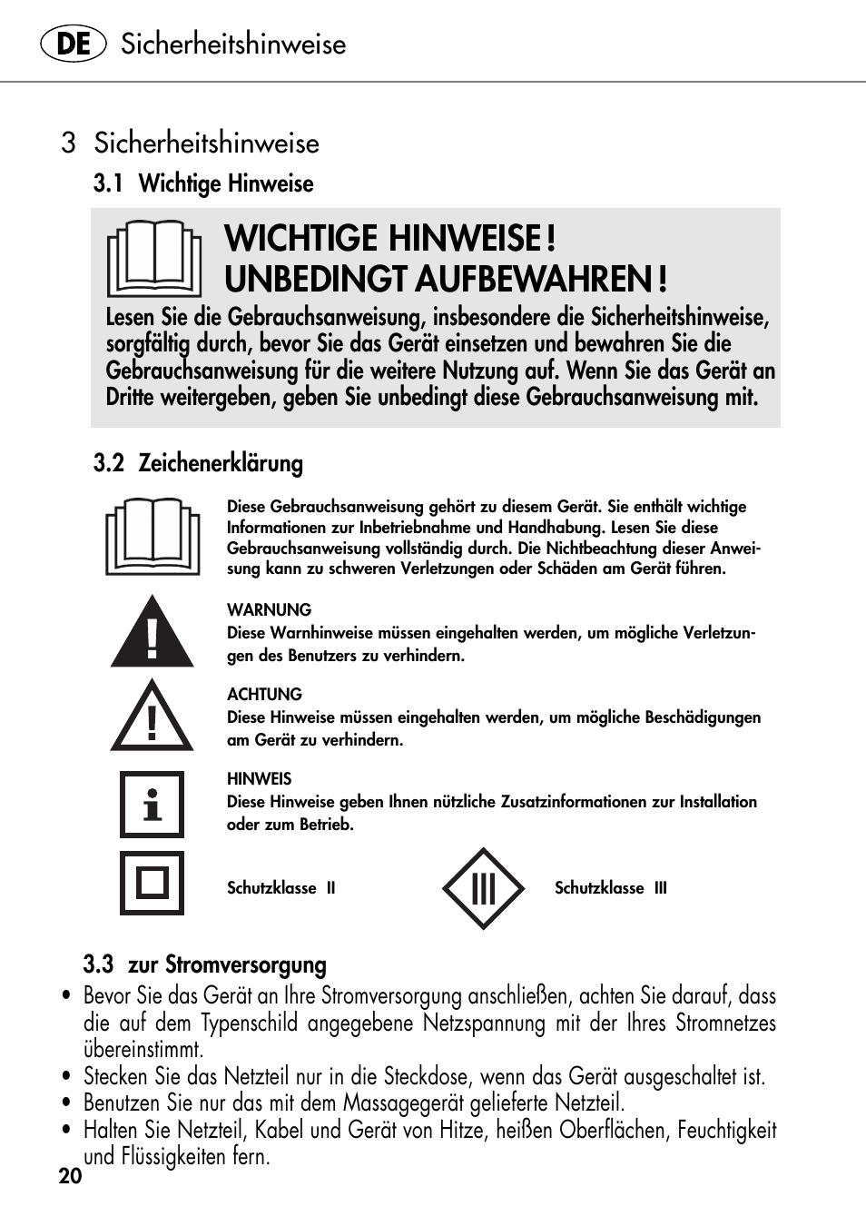 Wichtige hinweise ! unbedingt aufbewahren, Sicherheitshinweise, 3 sicherheitshinweise | Silvercrest SHIATSU NECK MASSAGE CUSHION User Manual | Page 24 / 42