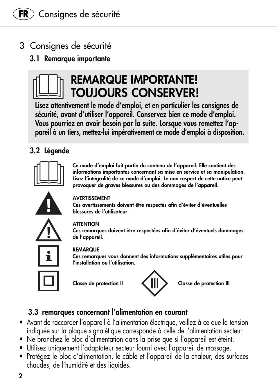 Toujours conserver, Remarque importante, Consignes de sécurité 3 consignes de sécurité | Silvercrest SHIATSU NECK MASSAGE CUSHION User Manual | Page 6 / 42