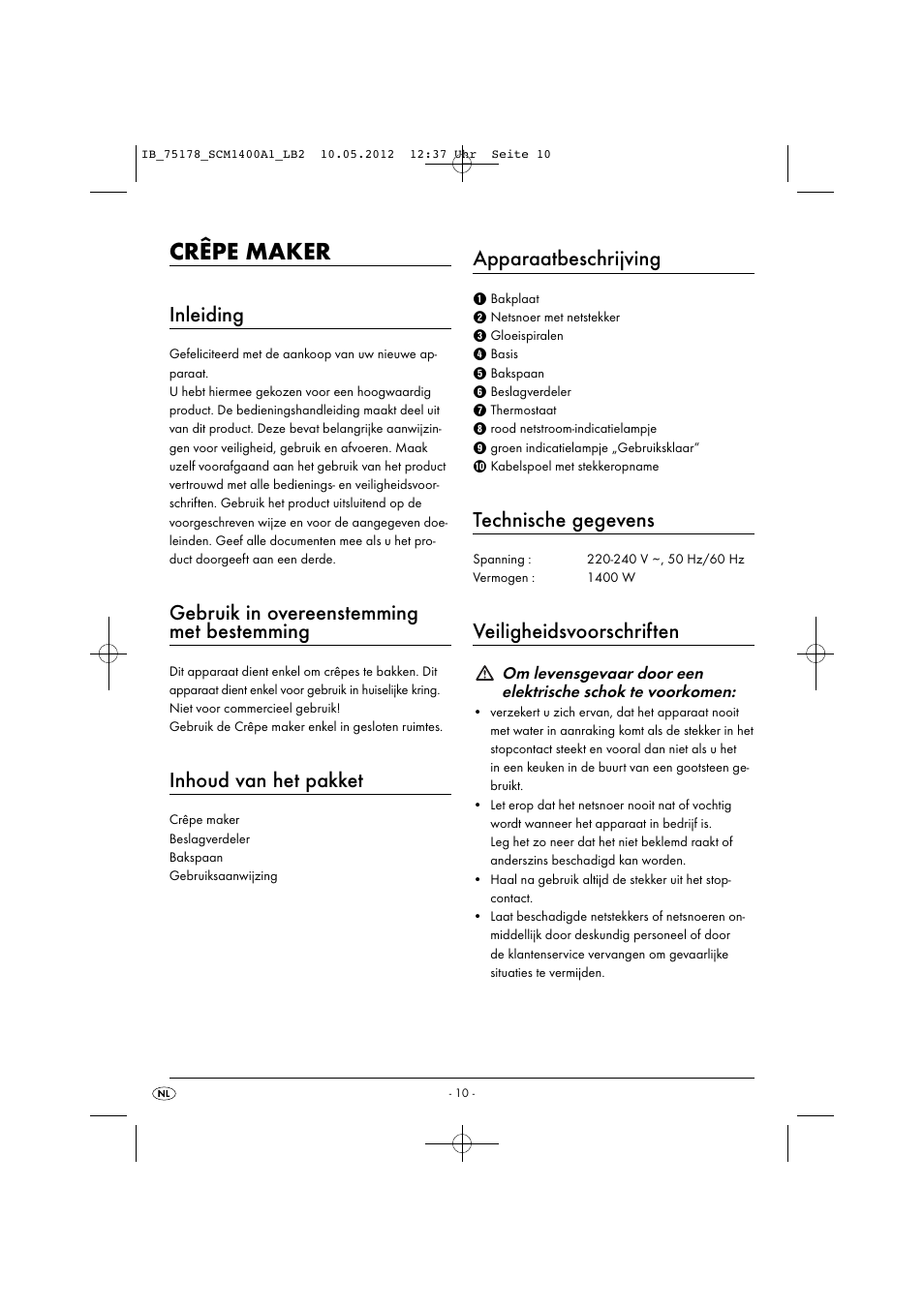 Crêpe maker, Inleiding, Gebruik in overeenstemming met bestemming | Inhoud van het pakket, Apparaatbeschrijving, Technische gegevens, Veiligheidsvoorschriften | Silvercrest SCM 1400 A1 User Manual | Page 12 / 33