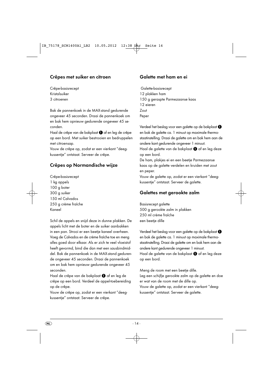 Crêpes met suiker en citroen, Crêpes op normandische wijze, Galette met ham en ei | Galettes met gerookte zalm | Silvercrest SCM 1400 A1 User Manual | Page 16 / 33