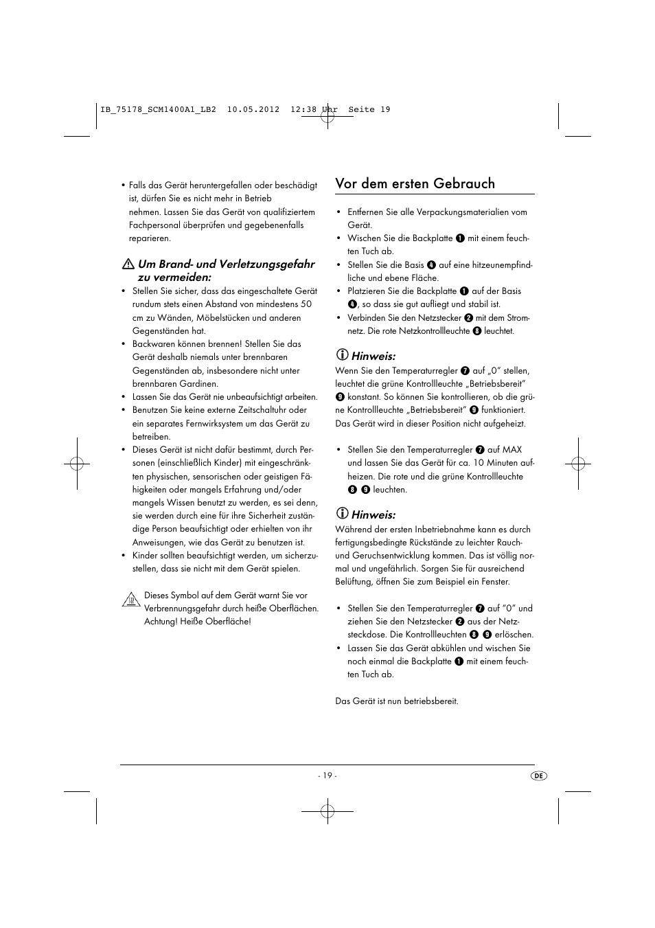 Vor dem ersten gebrauch, Um brand- und verletzungsgefahr zu vermeiden, Hinweis | Silvercrest SCM 1400 A1 User Manual | Page 21 / 33