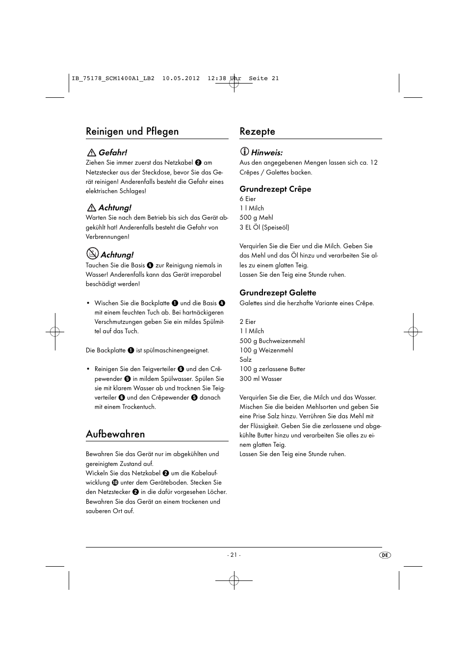 Reinigen und pflegen, Aufbewahren, Rezepte | Silvercrest SCM 1400 A1 User Manual | Page 23 / 33