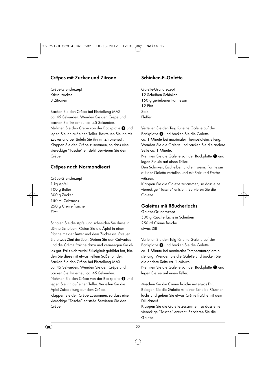 Crêpes mit zucker und zitrone, Crêpes nach normandieart, Schinken-ei-galette | Galettes mit räucherlachs | Silvercrest SCM 1400 A1 User Manual | Page 24 / 33