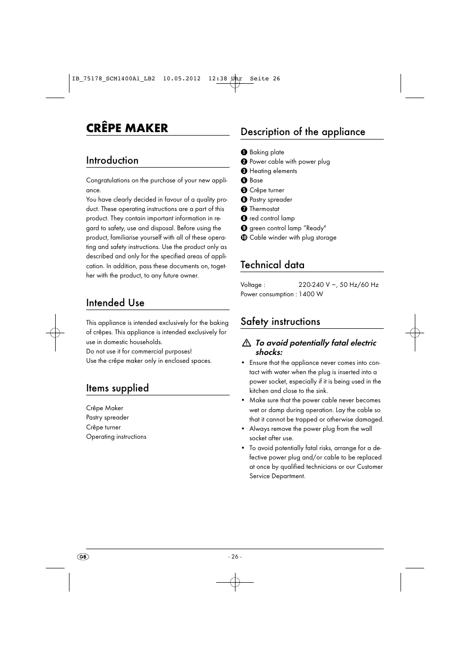 Crêpe maker, Introduction, Intended use | Items supplied, Description of the appliance, Technical data, Safety instructions | Silvercrest SCM 1400 A1 User Manual | Page 28 / 33