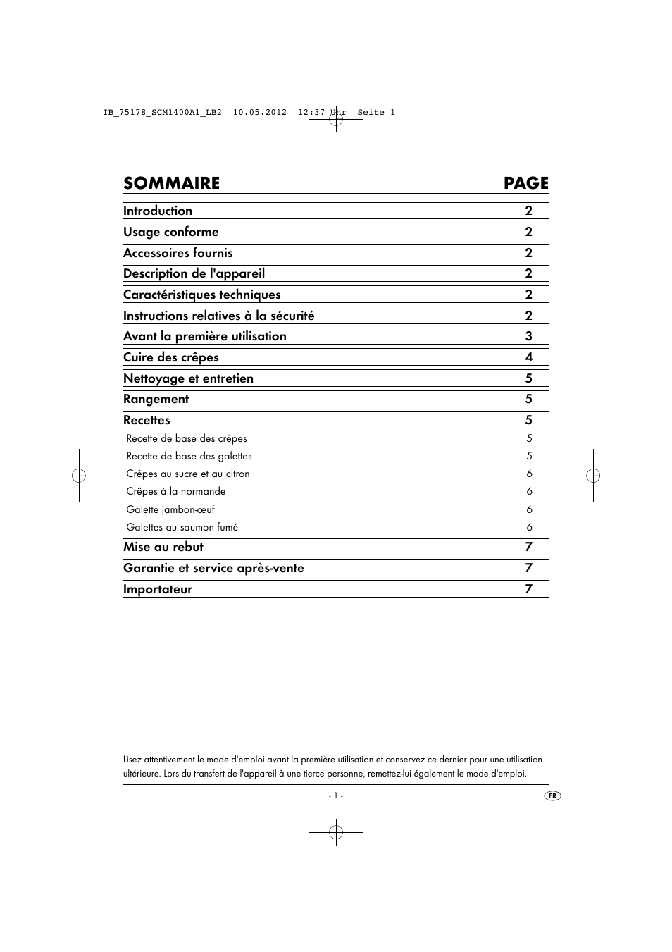 Sommaire page | Silvercrest SCM 1400 A1 User Manual | Page 3 / 33