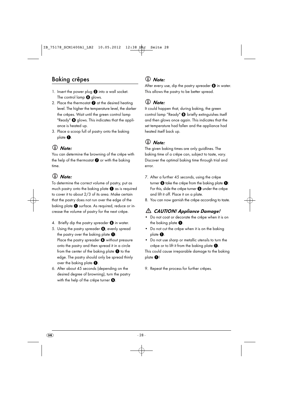 Baking crêpes, Caution! appliance damage | Silvercrest SCM 1400 A1 User Manual | Page 30 / 33