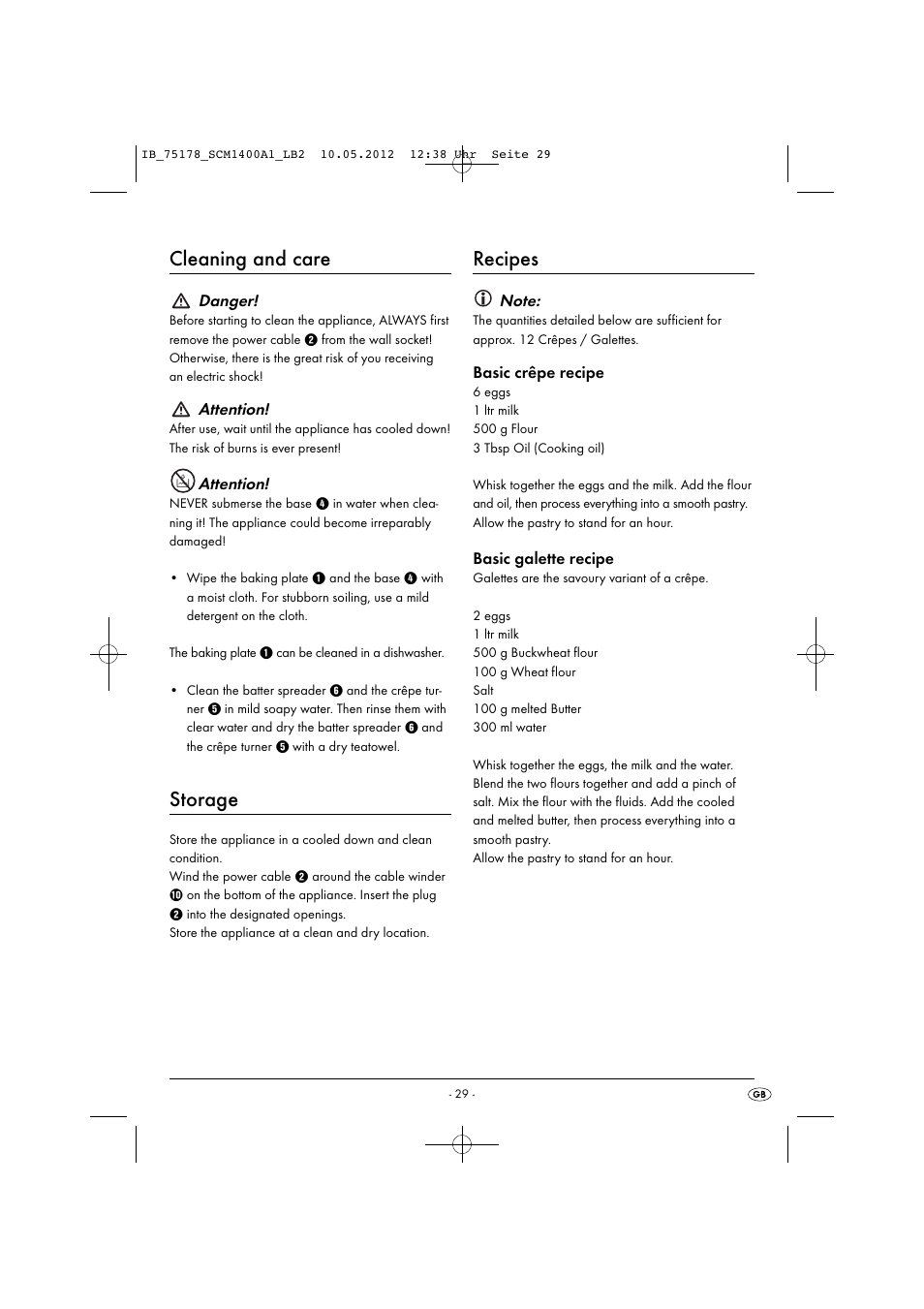 Cleaning and care, Storage, Recipes | Silvercrest SCM 1400 A1 User Manual | Page 31 / 33