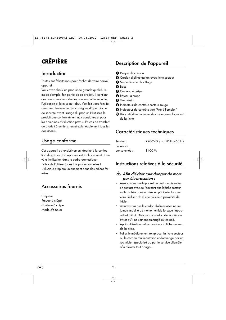 Crêpière, Introduction, Usage conforme | Accessoires fournis, Description de l'appareil, Caractéristiques techniques, Instructions relatives à la sécurité | Silvercrest SCM 1400 A1 User Manual | Page 4 / 33