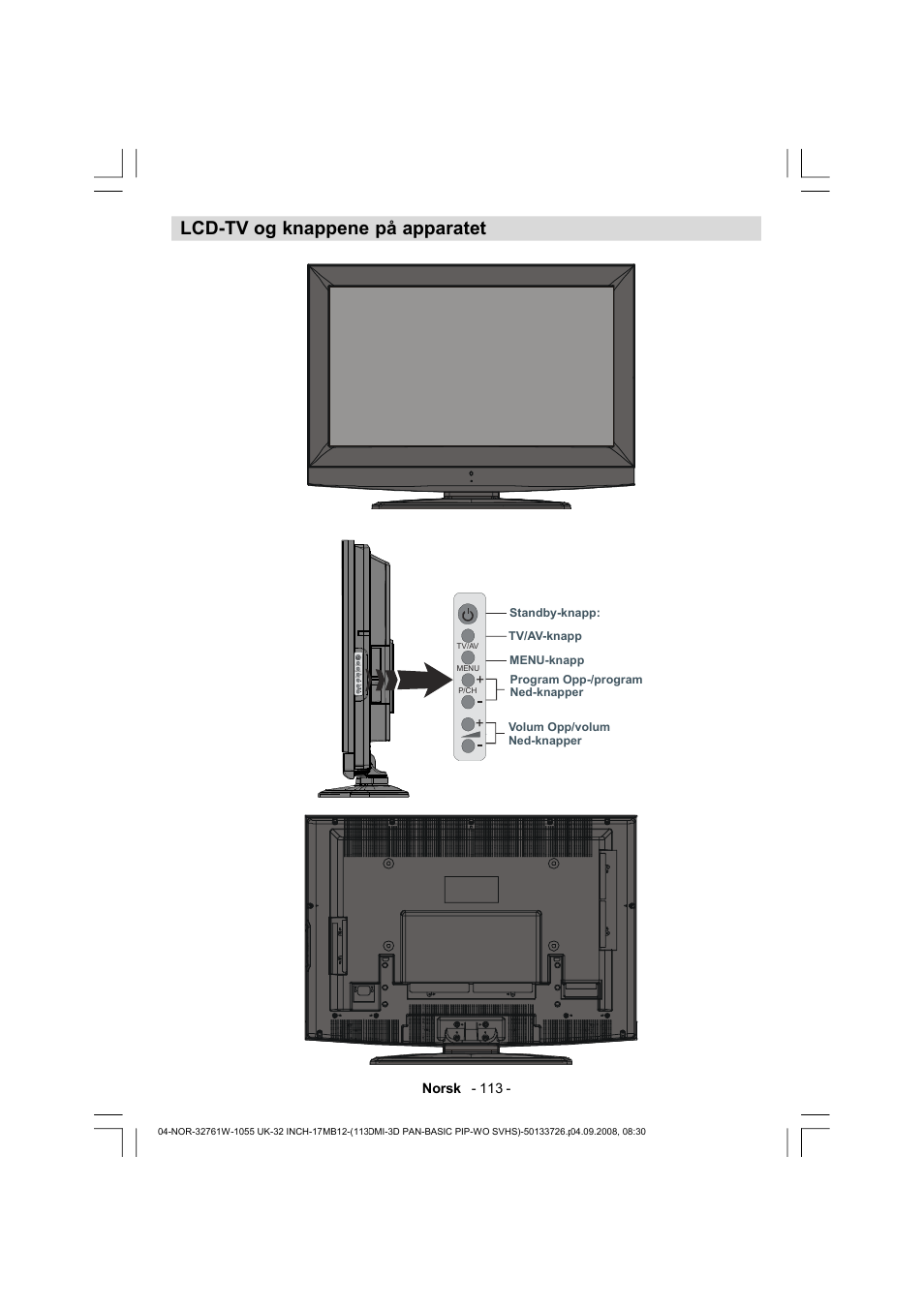 Lcd-tv og knappene på apparatet, Norsk - 113 | Dantax 32LCD V9 User Manual | Page 114 / 177