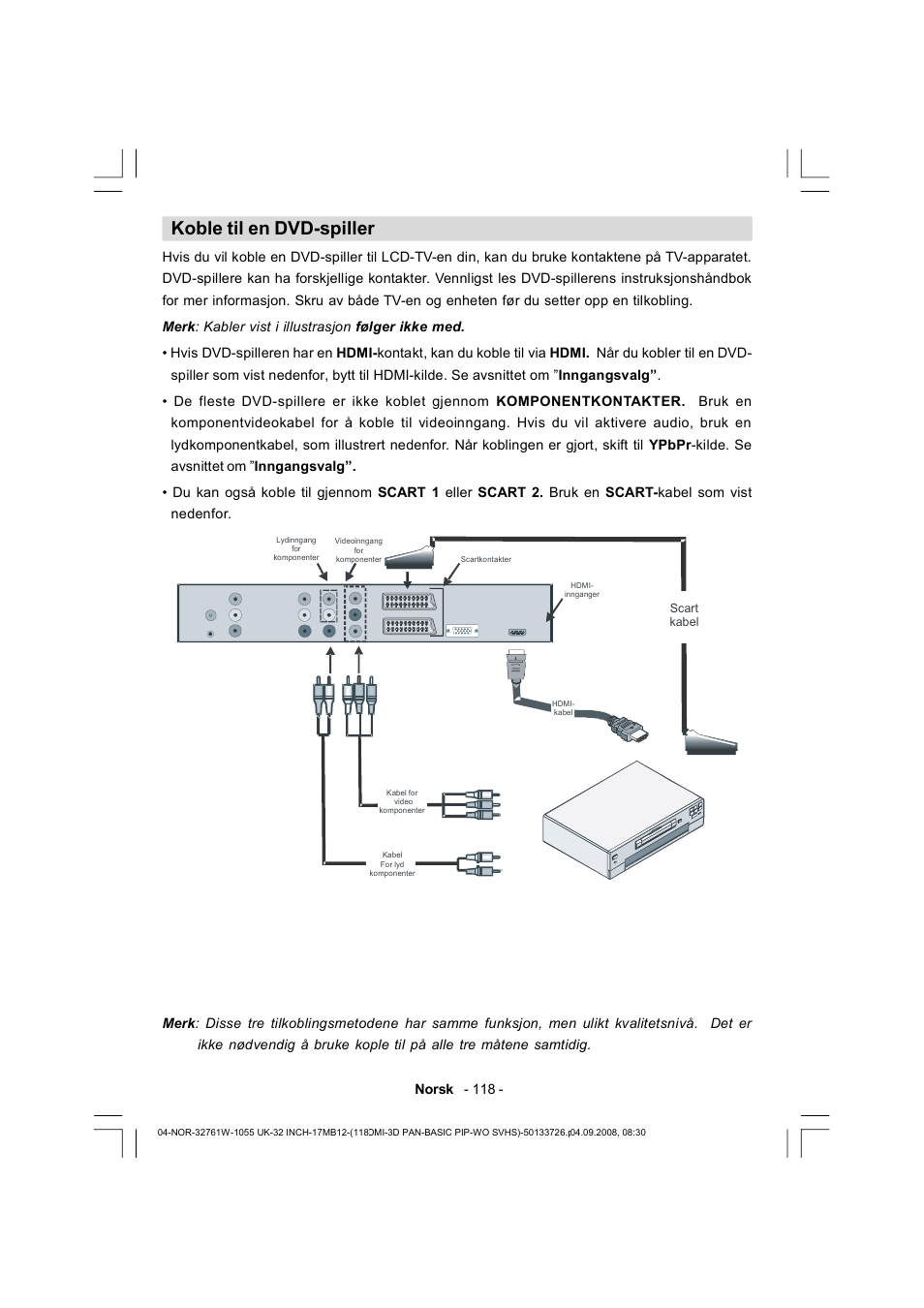 Koble til en dvd-spiller, Norsk - 118 | Dantax 32LCD V9 User Manual | Page 119 / 177