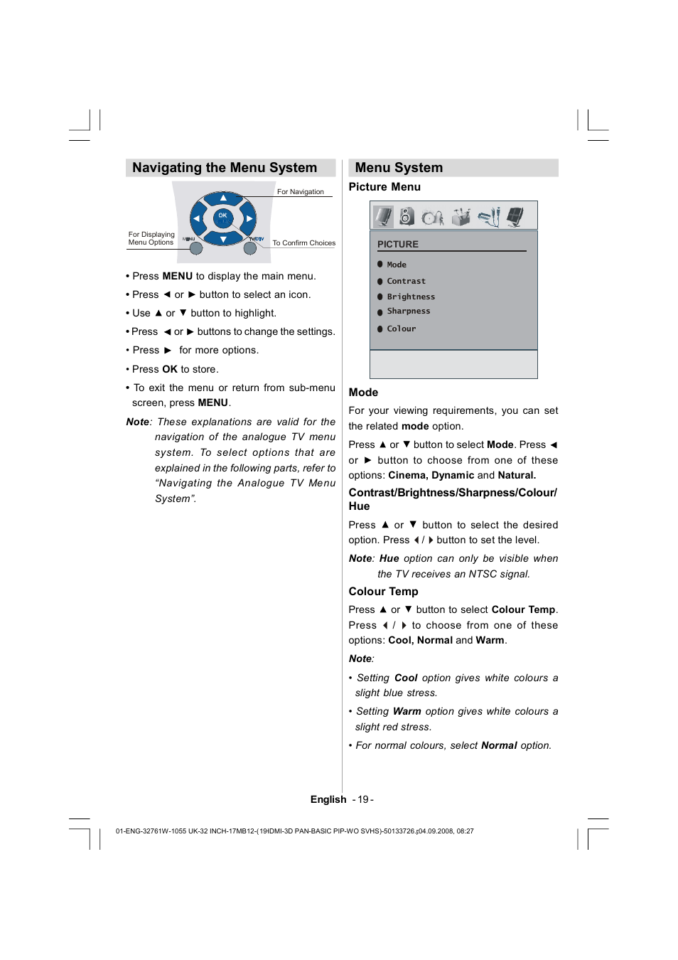 Navigating the menu system, Menu system | Dantax 32LCD V9 User Manual | Page 20 / 177