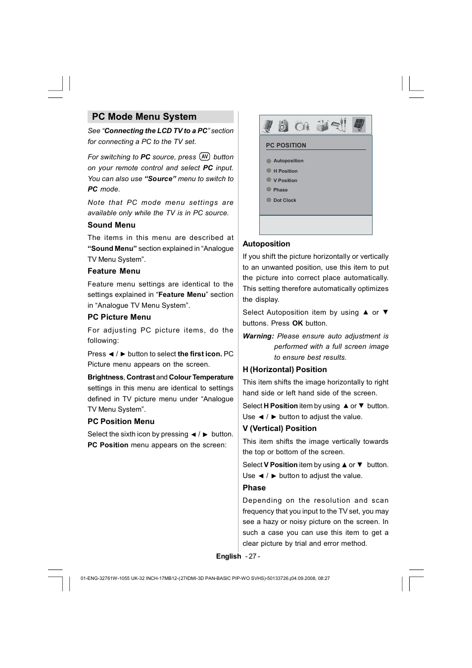 Pc mode menu system | Dantax 32LCD V9 User Manual | Page 28 / 177