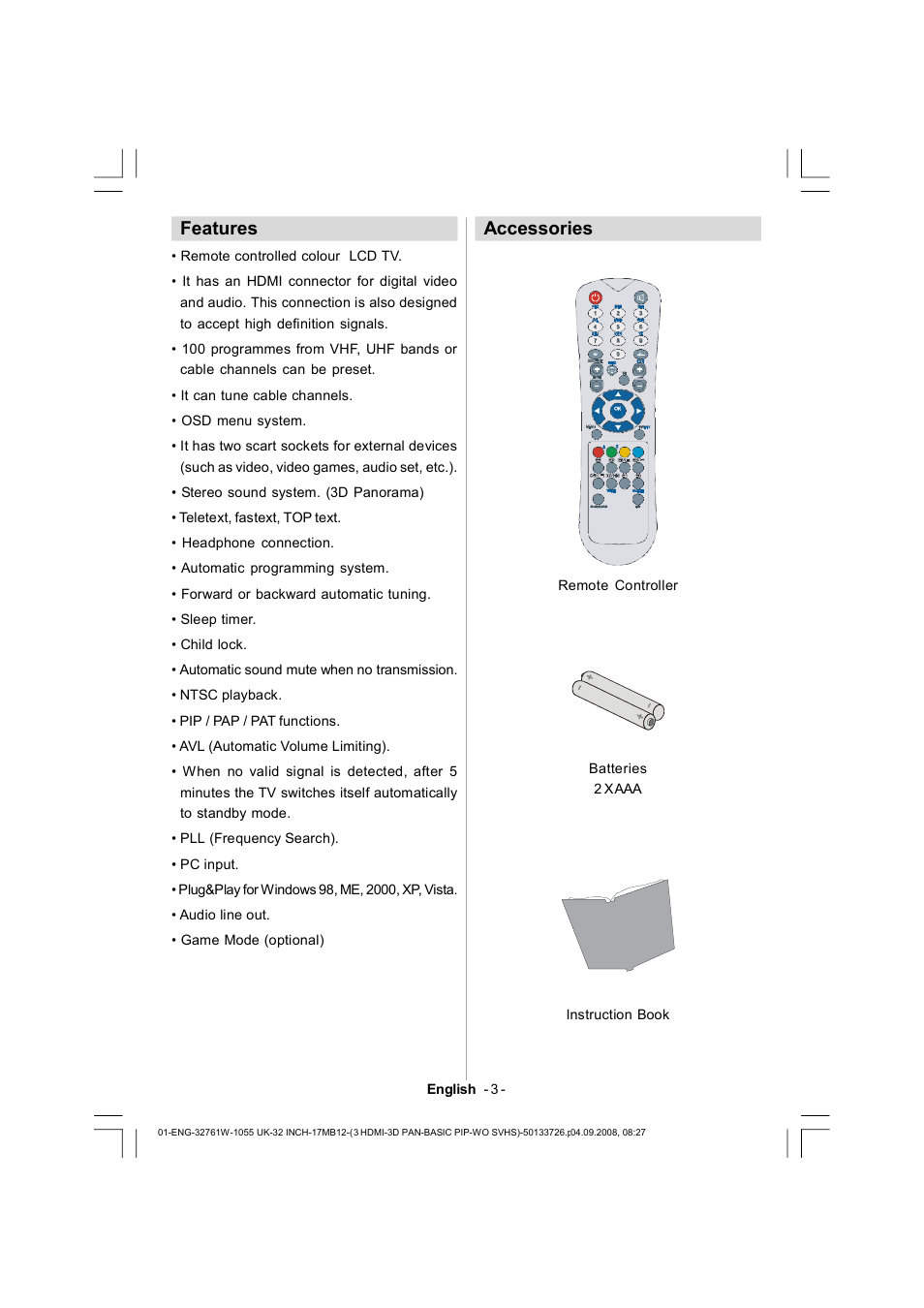 Features, Accessories, English - 3 | Dantax 32LCD V9 User Manual | Page 4 / 177