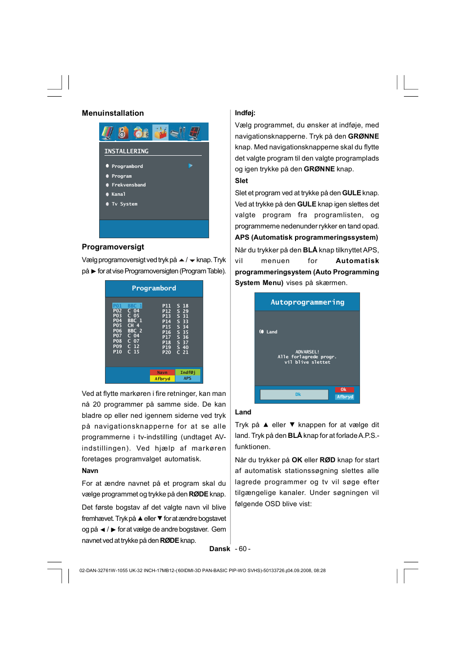 Menuinstallation, Programoversigt | Dantax 32LCD V9 User Manual | Page 61 / 177