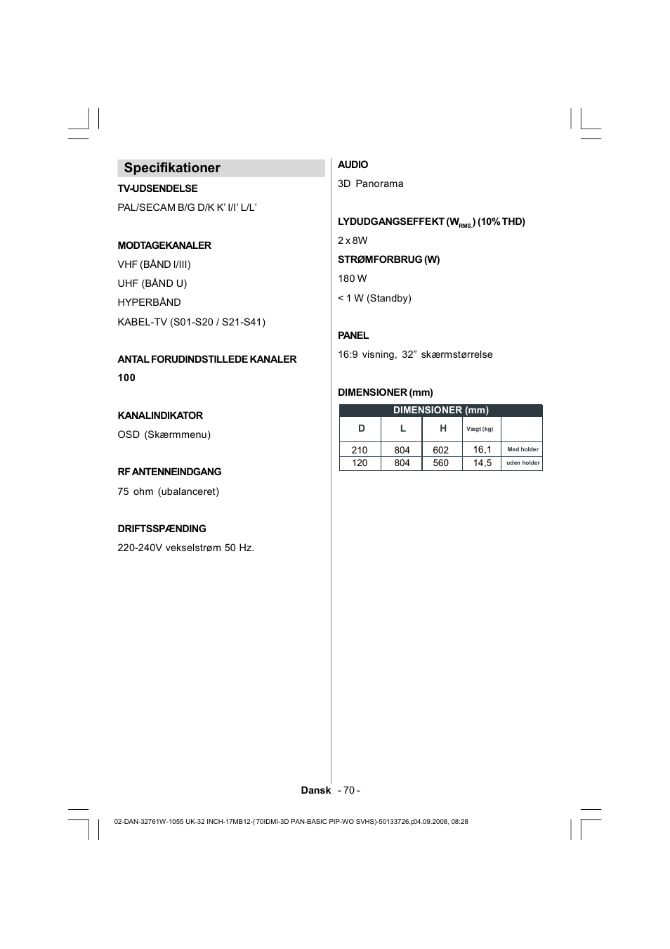 Specifikationer | Dantax 32LCD V9 User Manual | Page 71 / 177