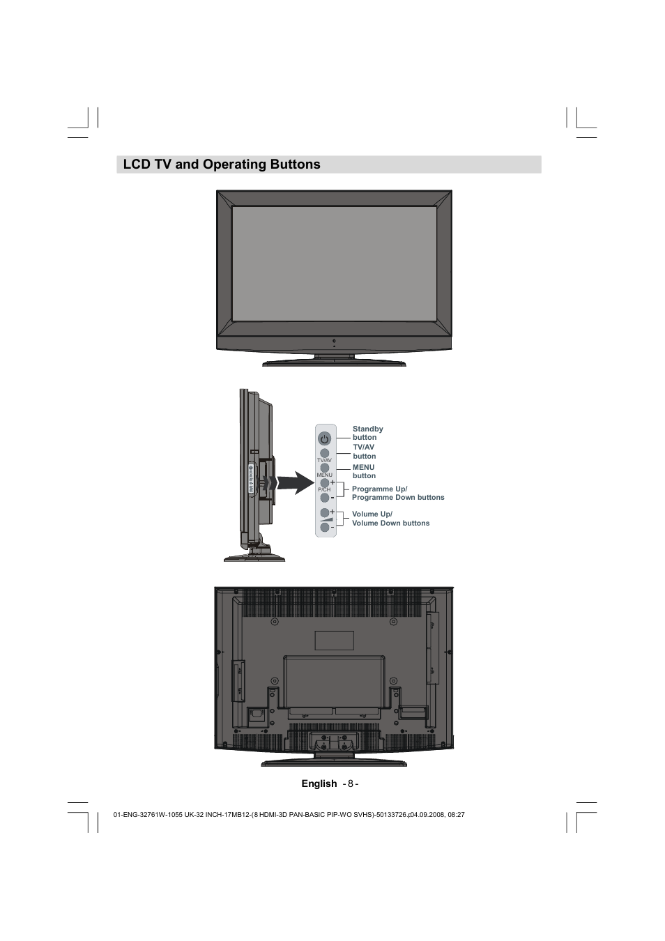 Lcd tv and operating buttons, English - 8, P/ch | Tv/av menu | Dantax 32LCD V9 User Manual | Page 9 / 177