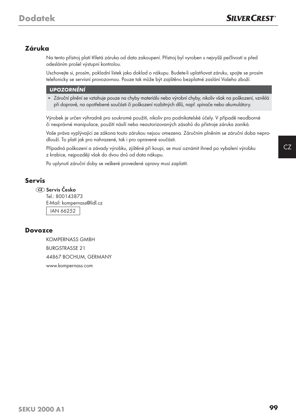 Dodatek, Servis, Dovozce | Silvercrest SEKU 2000 A1 User Manual | Page 100 / 141