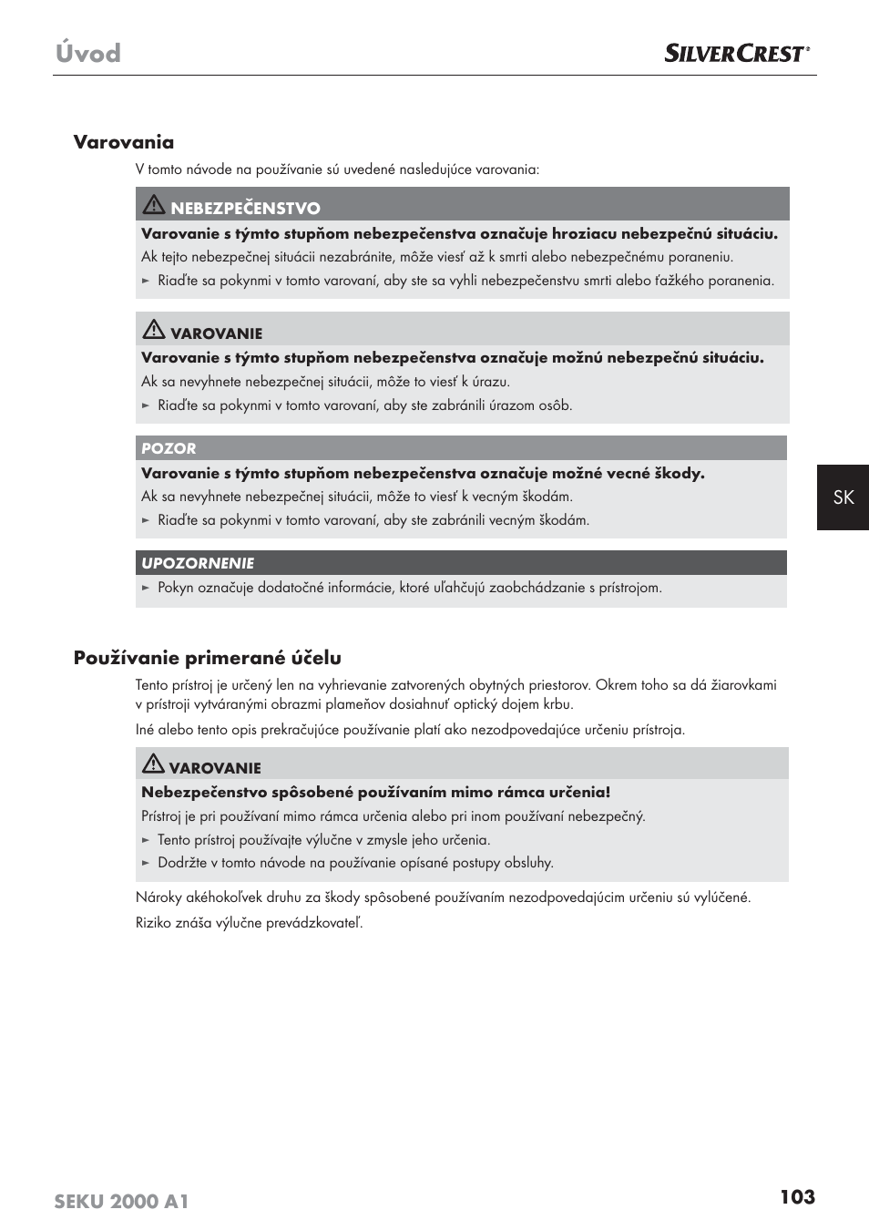 Úvod, Používanie primerané účelu | Silvercrest SEKU 2000 A1 User Manual | Page 104 / 141