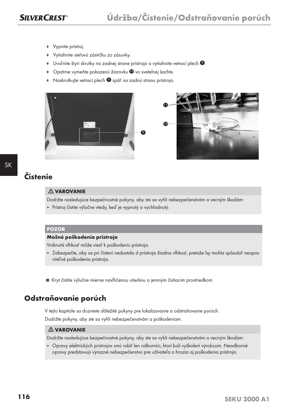 Údržba/čistenie/odstraňovanie porúch, Čistenie, Odstraňovanie porúch | Silvercrest SEKU 2000 A1 User Manual | Page 117 / 141